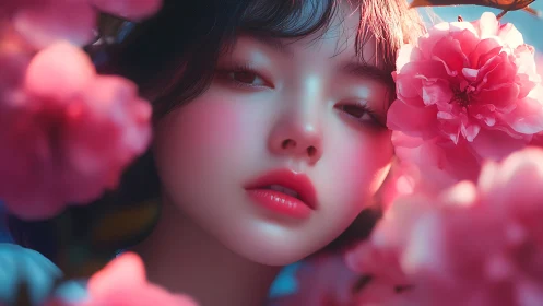 Soft-focus portrait integrates floral foreground bokeh and neon light