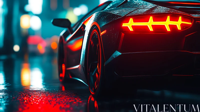 Neon backlit supercar rear rendered with wet-surface reflections