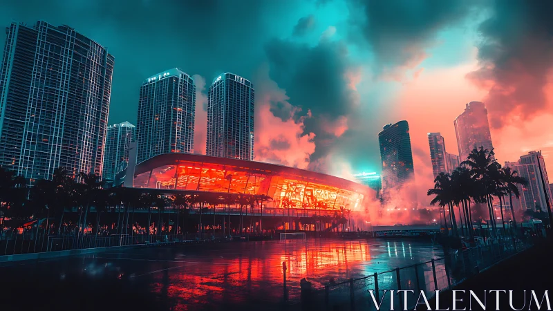 Neon-lit waterfront arena under cyan and crimson storm skies.