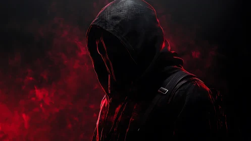 Hooded cyber-noir silhouette emerges in red volumetric haze