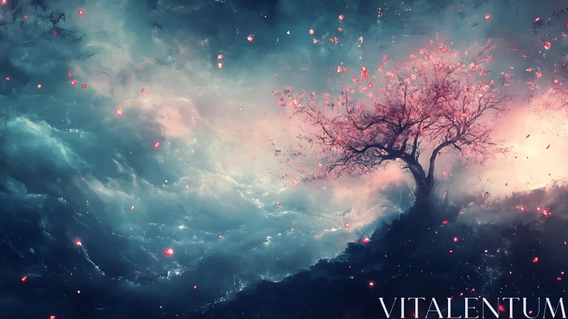 Stargaze blossom tree clinging to a swirling cosmic shore.