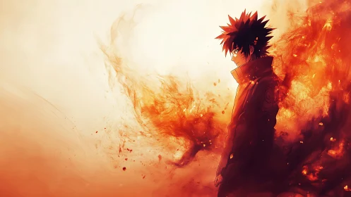 Fire-wreathed wanderer stares down the quiet, burning dusk