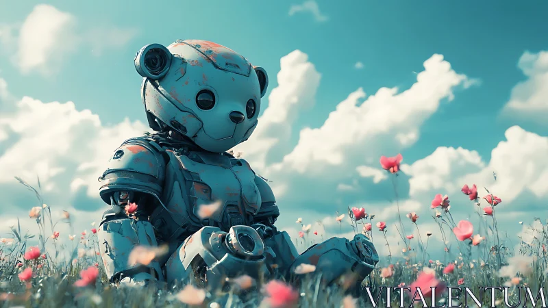 Gentle robot bear rests in a dreamy wildflower meadow