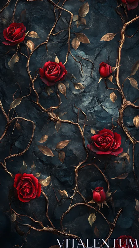 Crimson Blooms Among Twisted Gold: A Dark Garden's Romance.