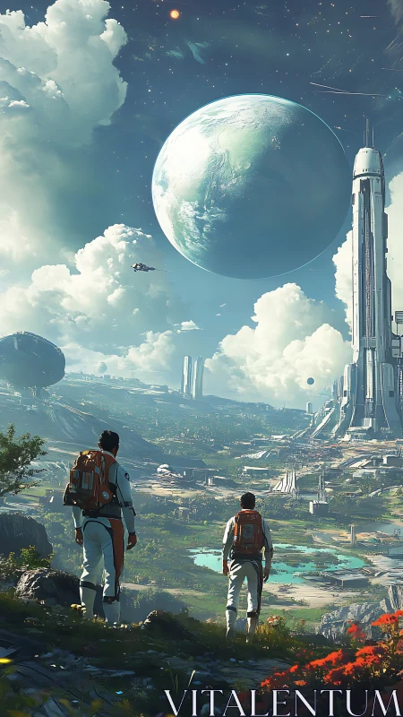 Star-walking pioneers surveying a newborn utopia world.