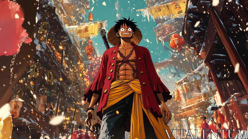 Anime winter street scene in dynamic low-angle composition.