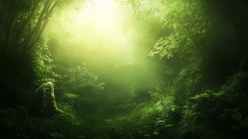 Luminous forest pathway bathed in ethereal green light.