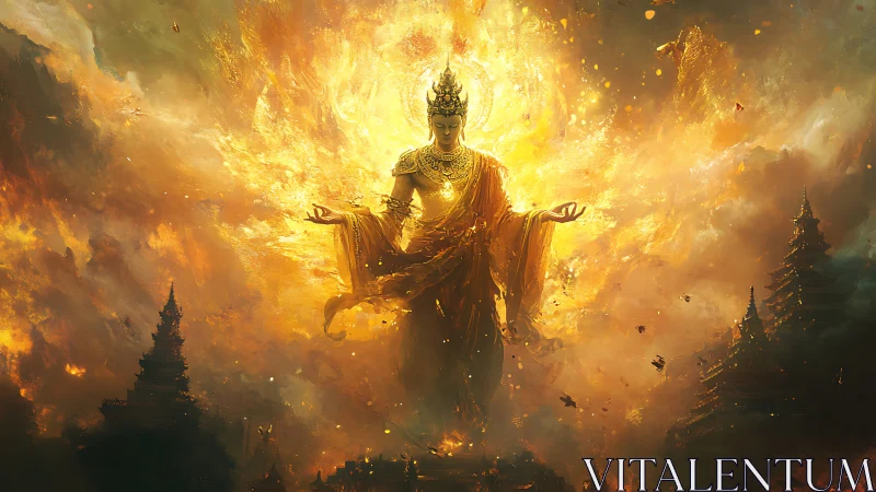 Radiant celestial deity ascends amid blazing golden clouds.