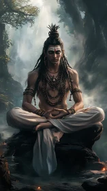 Mystic ascetic meditating in misty forested gorge.