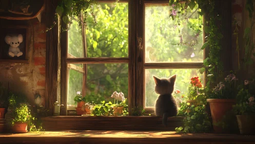 Cozy Cat's Garden View from a Sunlit Window.