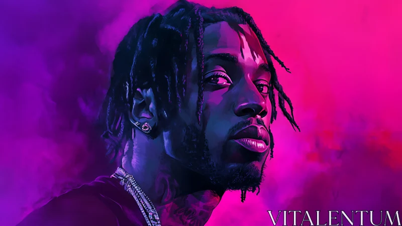 Electric neon portrait in glowing magenta and violet haze.