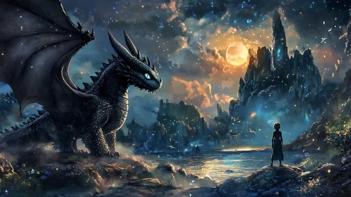 Moonlit dragon and lone wanderer meet by a mystical lake.