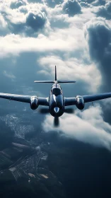 Storm-slicing twin-engine aircraft glides above brooding clouds.