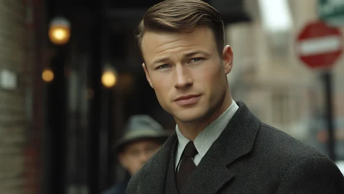 Photorealistic vintage street portrait in shallow depth of field.