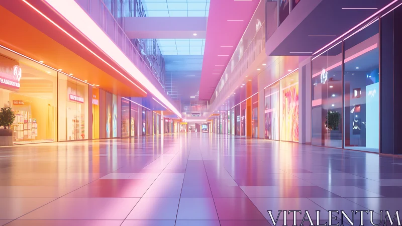 Neon lit empty shopping mall corridor reflects soft pastel glow