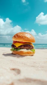 Cheeseburger on sandy beach under bright blue sky.