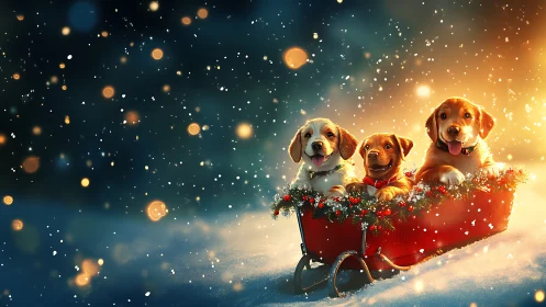 Golden holiday puppies in wreath-trimmed red sleigh at dusk.