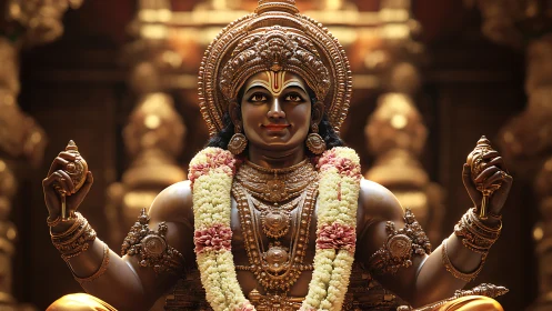 Ornate Hindu deity statue with garlands in warm temple light.