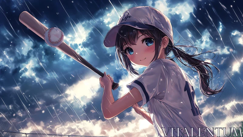 Anime girl batting in rainy baseball field under cloudy sky.
