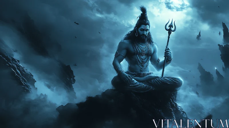 Mythic blue deity meditating on stormy Himalayan peak at night