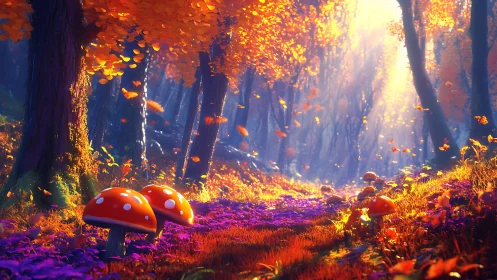 Enchanted Mushroom Forest Ablaze with Autumn Radiance