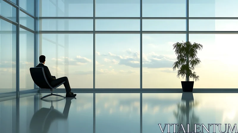 Executive Contemplation: High-Rise Office Interior with Skyline View.