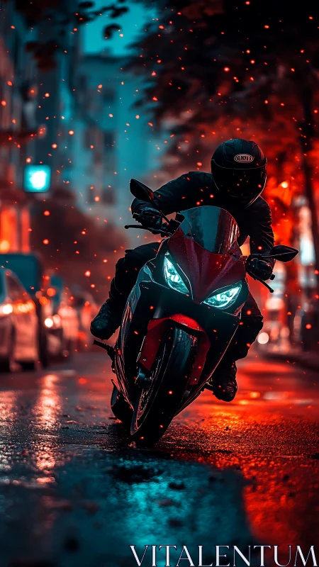 Motorcyclist racing through neon-lit rain with bokeh sparks.
