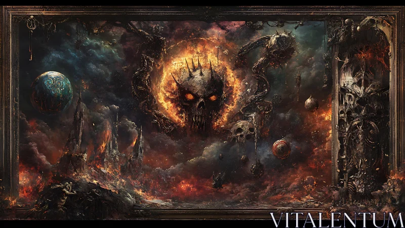 Demonic cosmic skull ascends within fiery apocalyptic void.