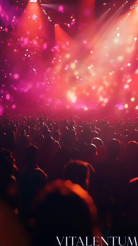Backlit concert crowd under volumetric red and pink stage beams.