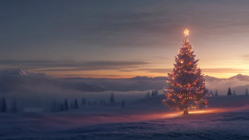 Snowy twilight Christmas tree glowing on quiet mountain ridge.
