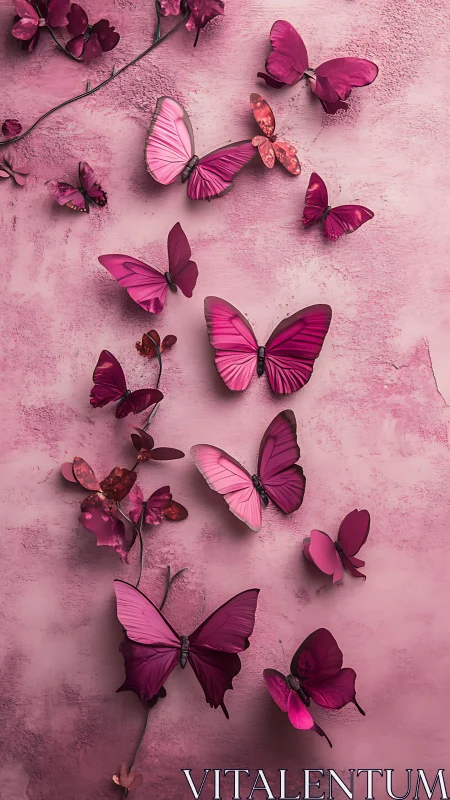 Chromatic magenta lepidoptera array on textured stucco wall.