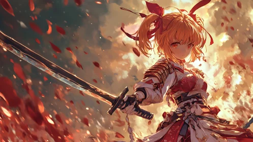 Ember-haired samurai girl cleaves through a storm of petals.