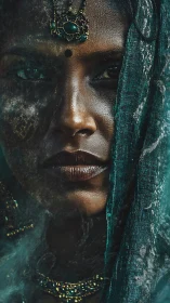 Portrait study of veiled woman in teal with cinematic lighting.