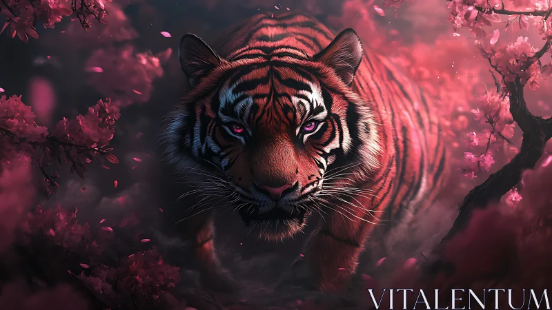 Tiger moves forward through dense pink foliage in mist