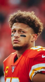 Photorealistic NFL quarterback portrait in stadium context.