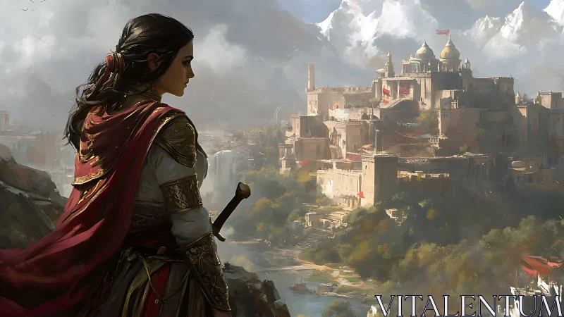 Armored warrior overlooking fortified mountain citadel at dawn