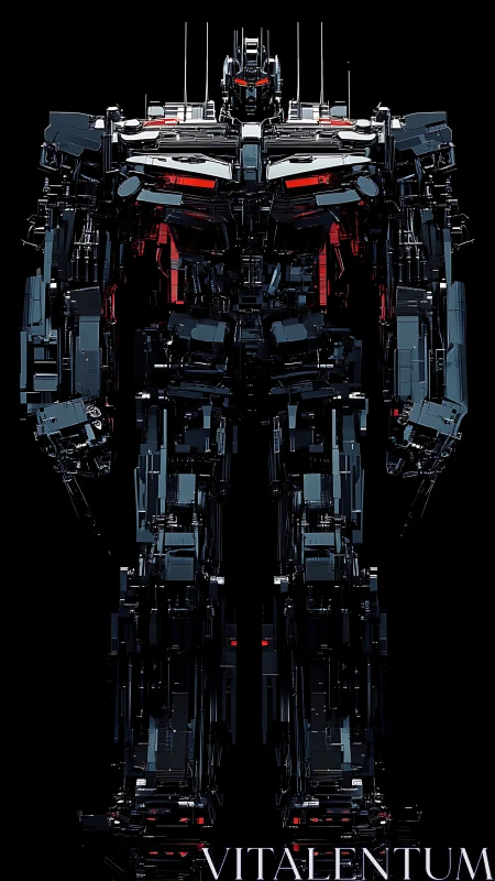 Symmetric black mech exoshell with red emissive core details.