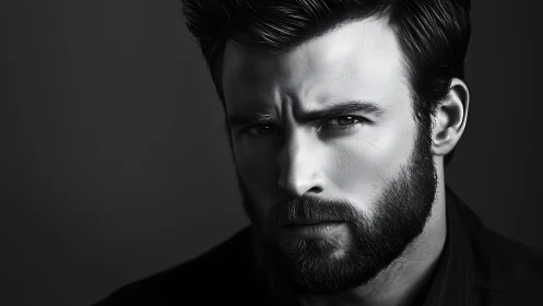 Moody monochrome portrait of intense bearded man.