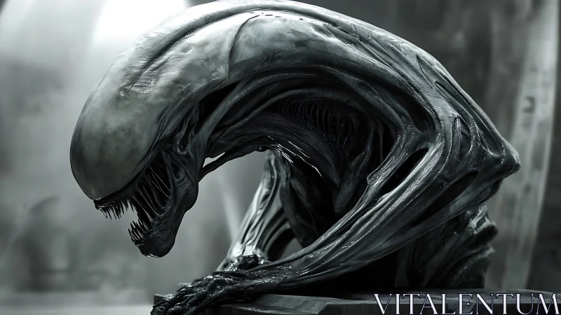 Brooding extraterrestrial creature in cinematic monochrome detail.