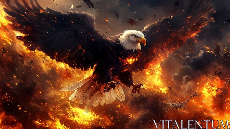 Majestic Bald Eagle Soaring Amidst Fiery Storm, Digital Art.