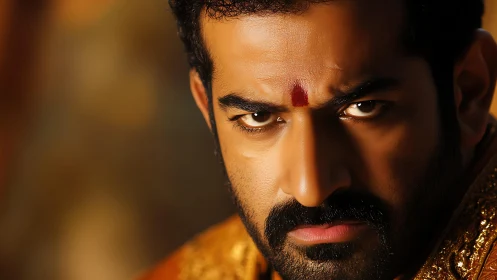 Intense close-up portrait of man with red forehead mark.