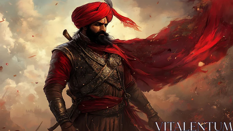 Warrior in red turban stands in storm of embers and smoke