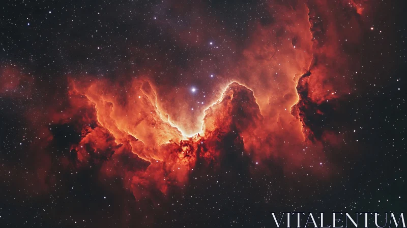 Fiery red nebula glows against a star-filled cosmic void.