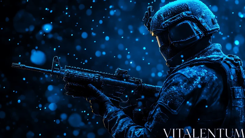 Snow covered soldier holding rifle in blue night scene.