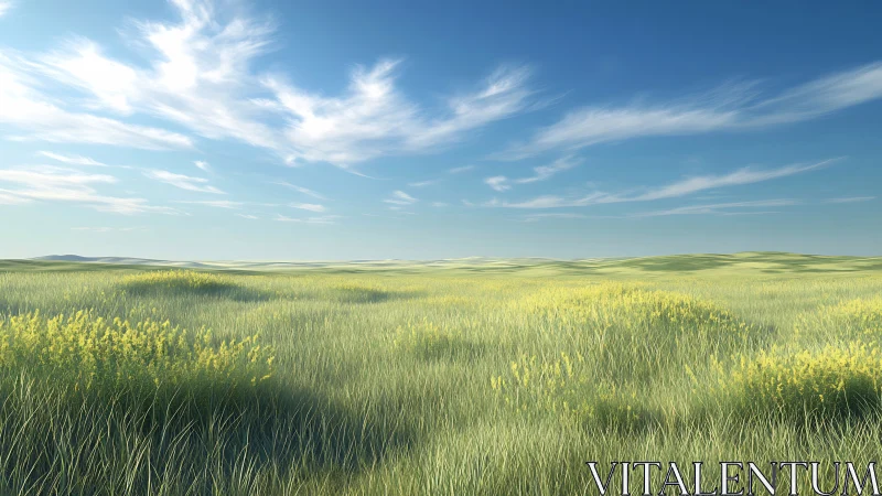 Grassland plain extends under blue sky with sparse clouds