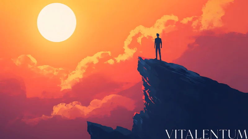 Silhouette on the cliff edge quietly confronts a blazing sun