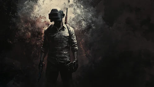 Helmeted combatant stands armed against dark abstract backdrop