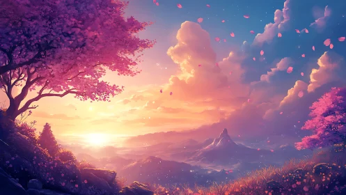Gentle sunrise glows over dreamy pink blossom valley