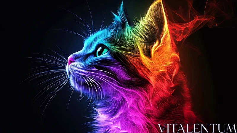 Neon glowing cat head with multicolored light effects on black.