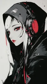Side profile shows stylized hooded figure with headset